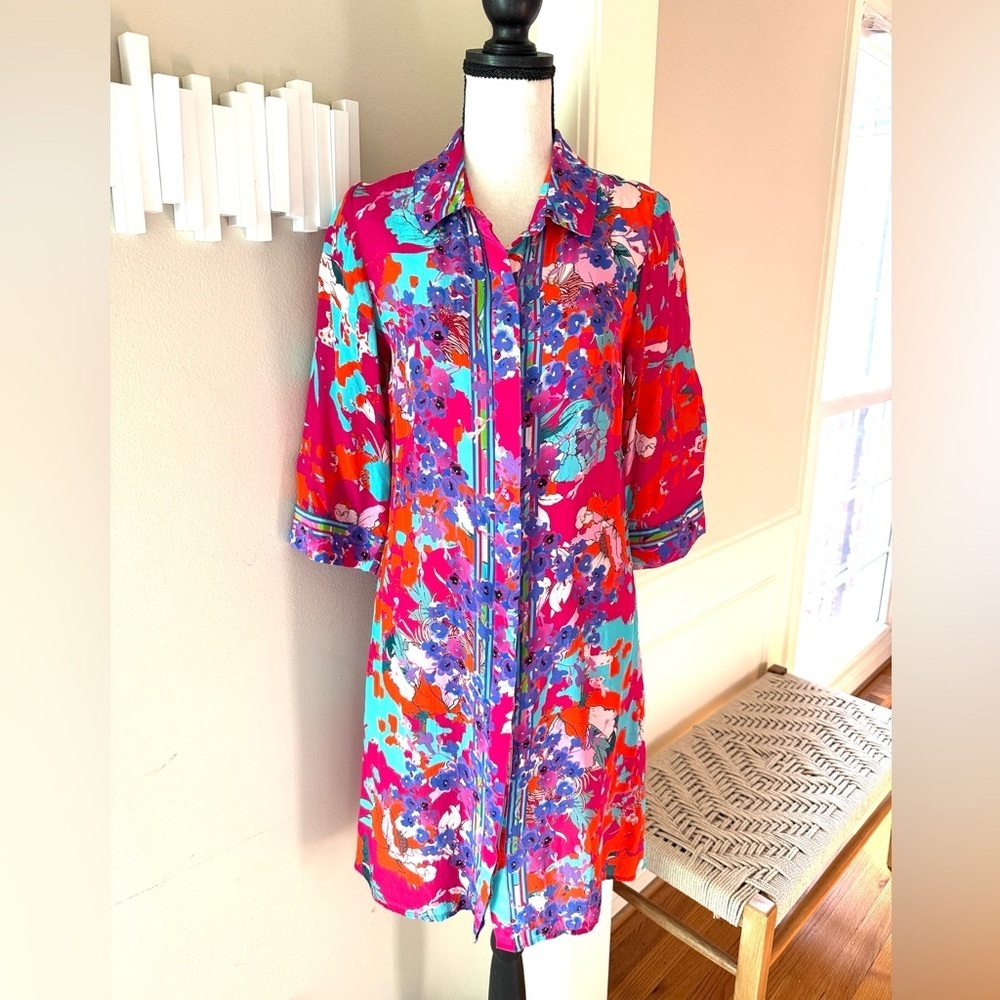 Soft Surroundings Garden Path Tunic Shirt Dress XS Floral Cupro Rayon